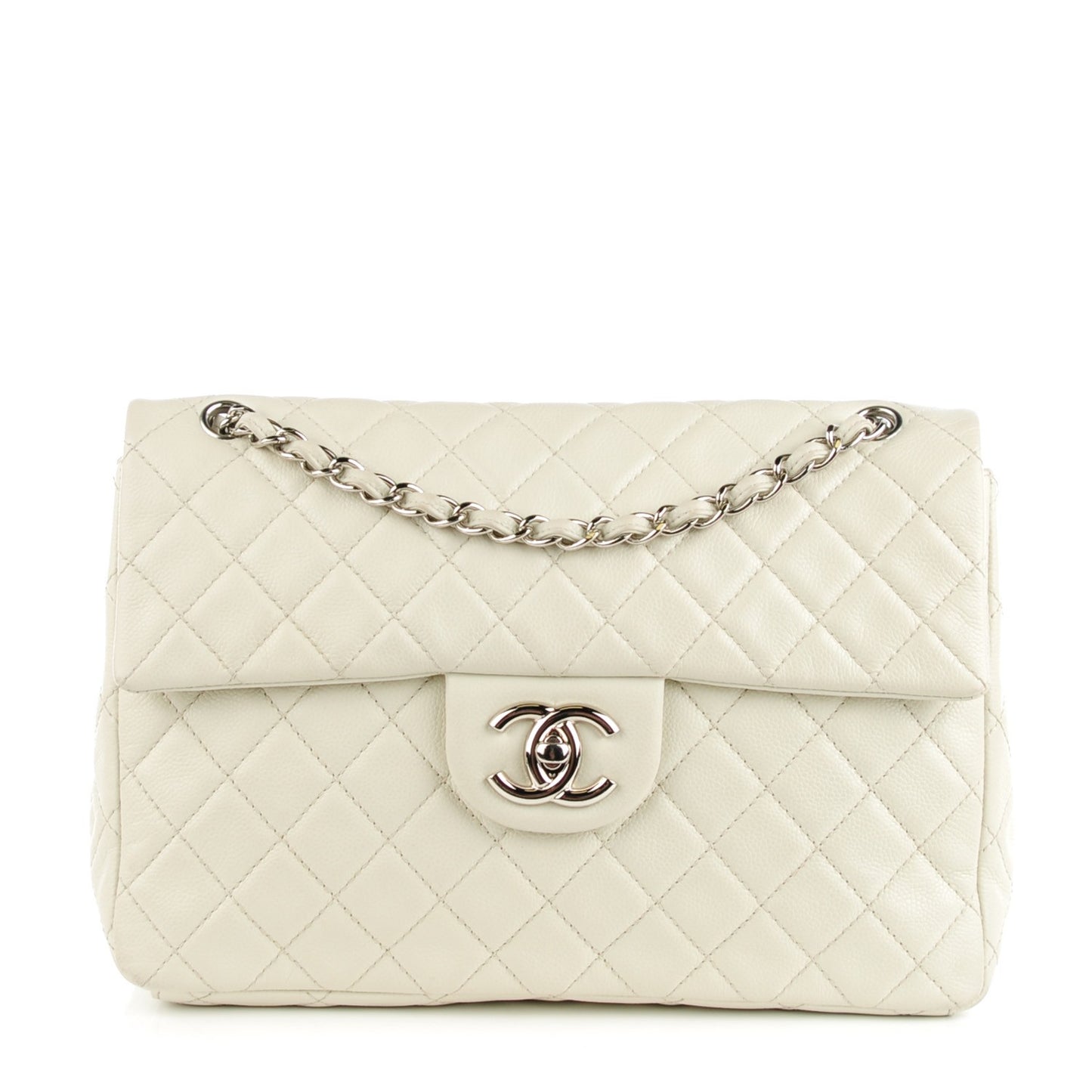 Washed Caviar Quilted Maxi Single Flap White