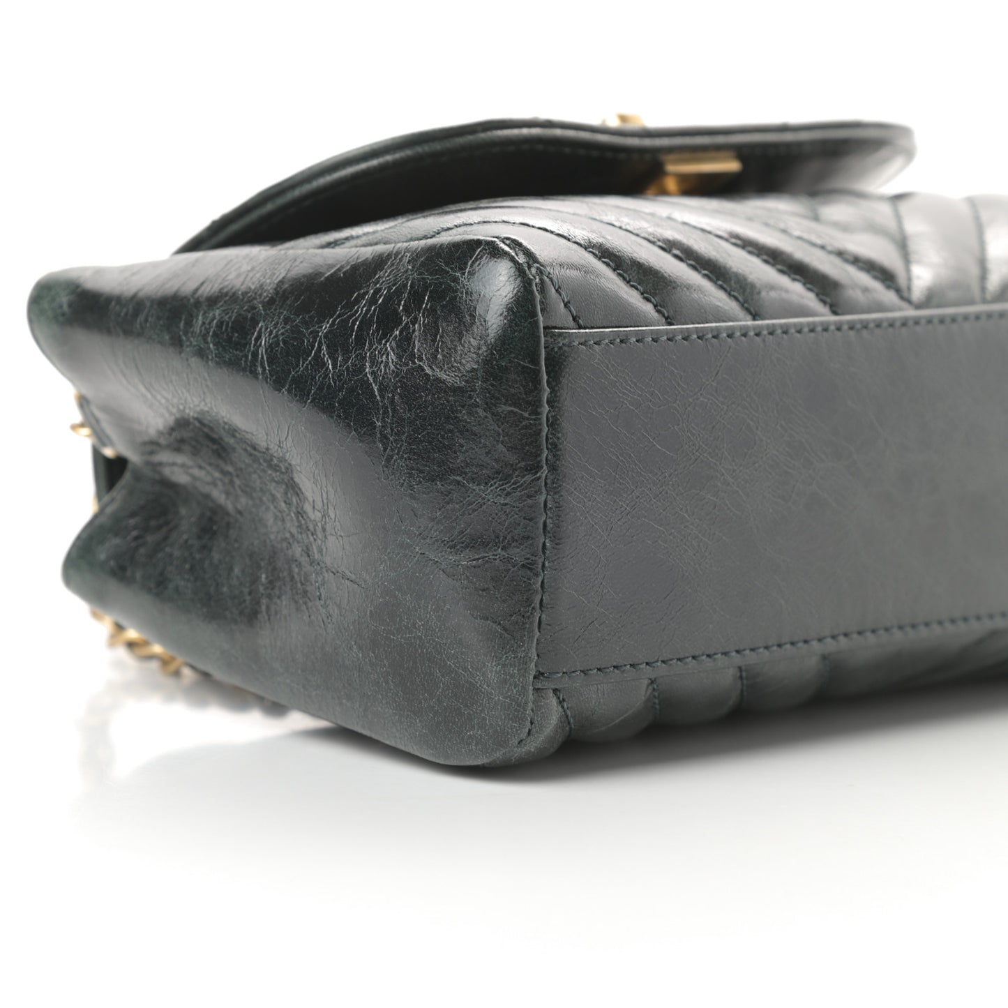 Glazed Calfskin Chevron Quilted Small Hampton Flap Dark Green