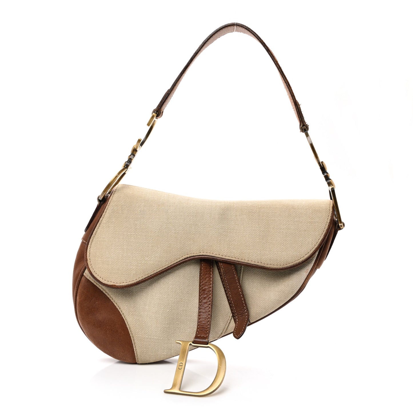 Canvas Calfskin Saddle Bag Beige