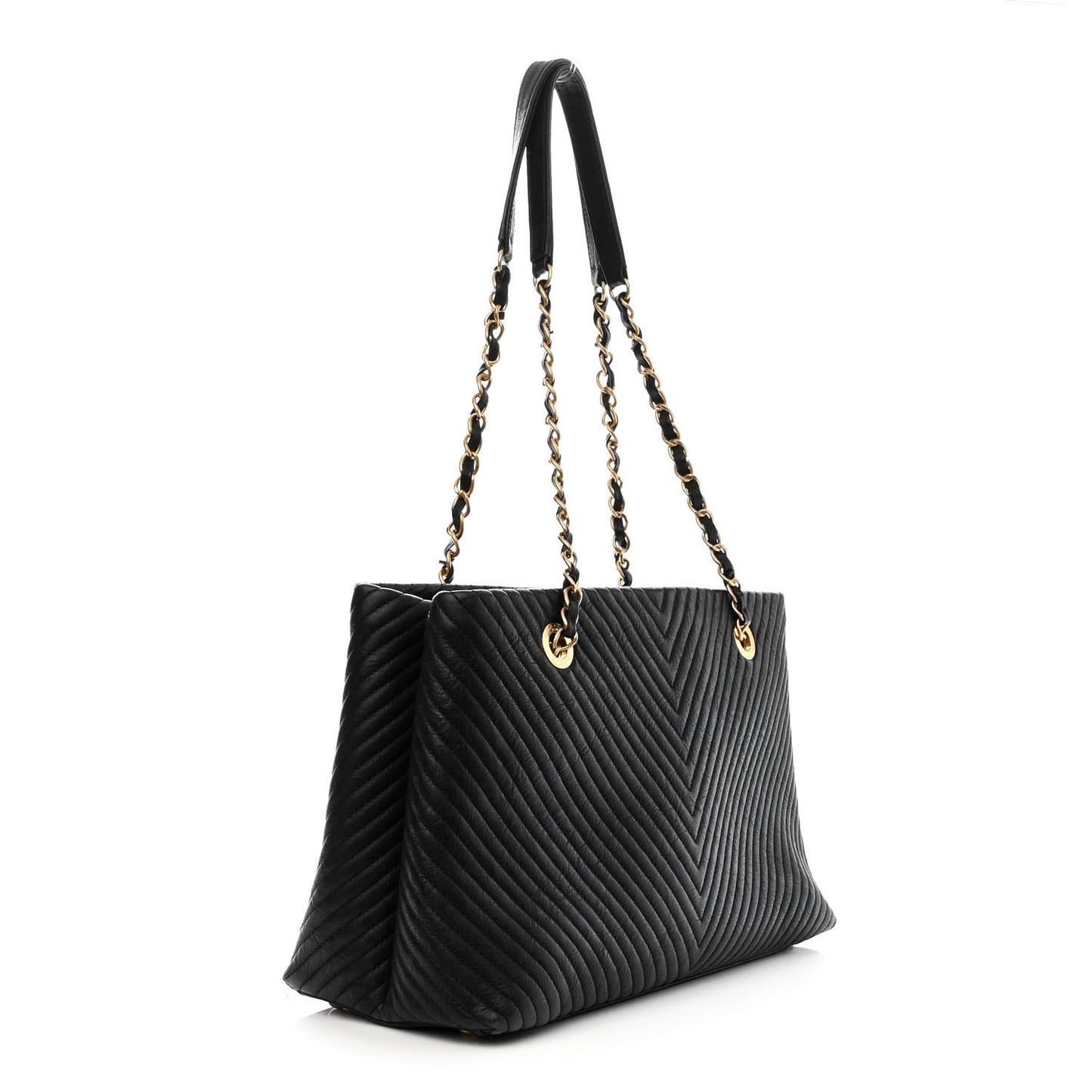 Wrinkled Lambskin Chevron Quilted Surpique Tote Black