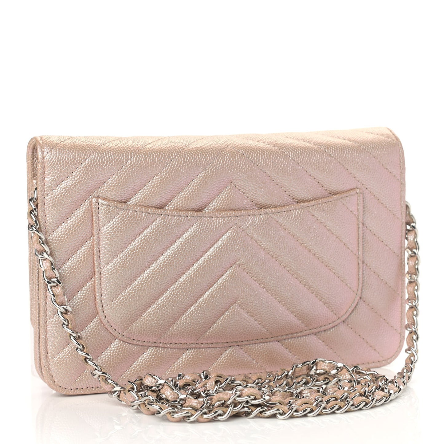 Metallic Caviar Chevron Quilted Wallet On Chain WOC Light Gold