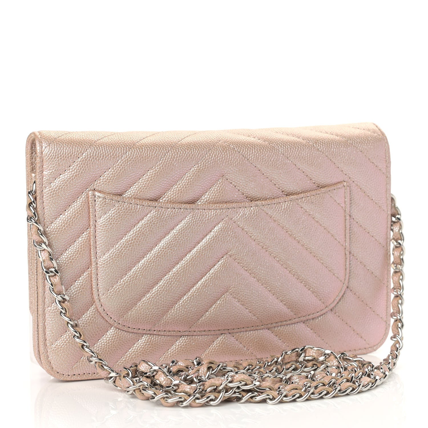 Chanel Metallic Caviar Chevron Quilted Wallet On Chain WOC Light Gold 3 of 10