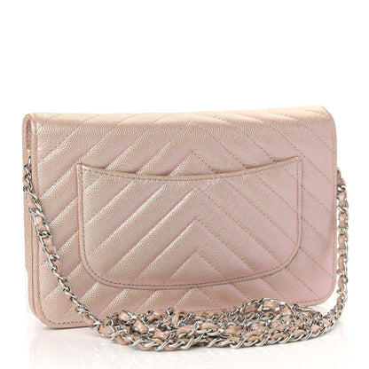 Chanel Metallic Caviar Chevron Quilted Wallet On Chain WOC Light Gold 3 of 10