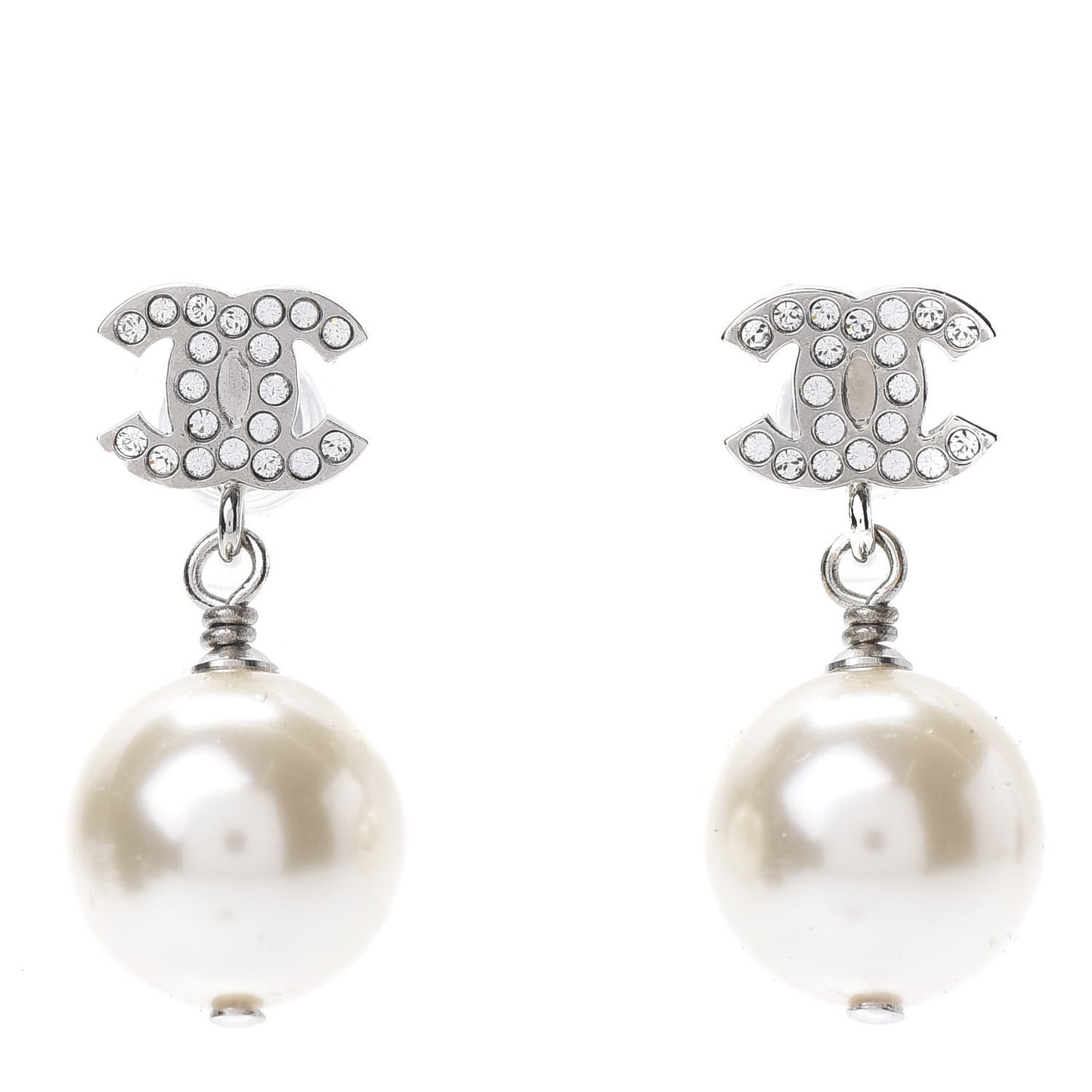 Crystal Pearl CC Drop Earrings Silver