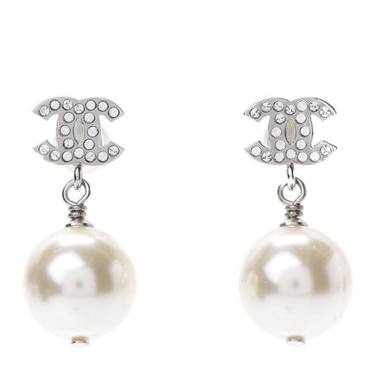 Chanel Crystal Pearl CC Drop Earrings Silver 1 of 5
