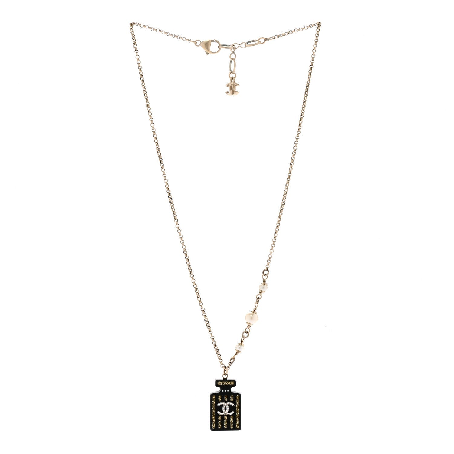 Chanel Resin Strass Pearl Perfume Bottle CC Necklace Black Gold 3 of 6