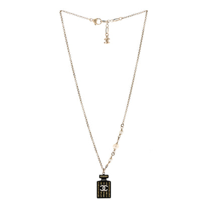 Chanel Resin Strass Pearl Perfume Bottle CC Necklace Black Gold 3 of 6