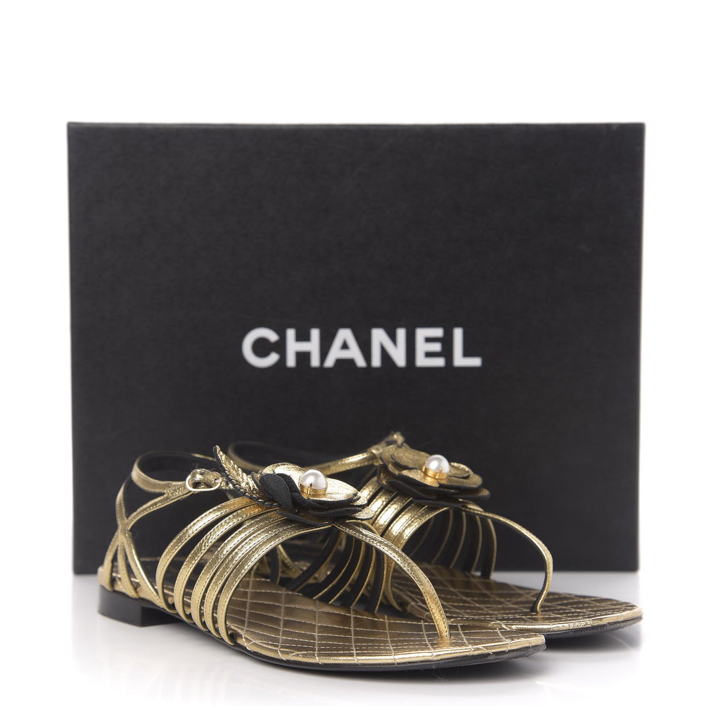 Crumpled Calfskin Camellia Pearl Thong Sandals 37.5 Gold