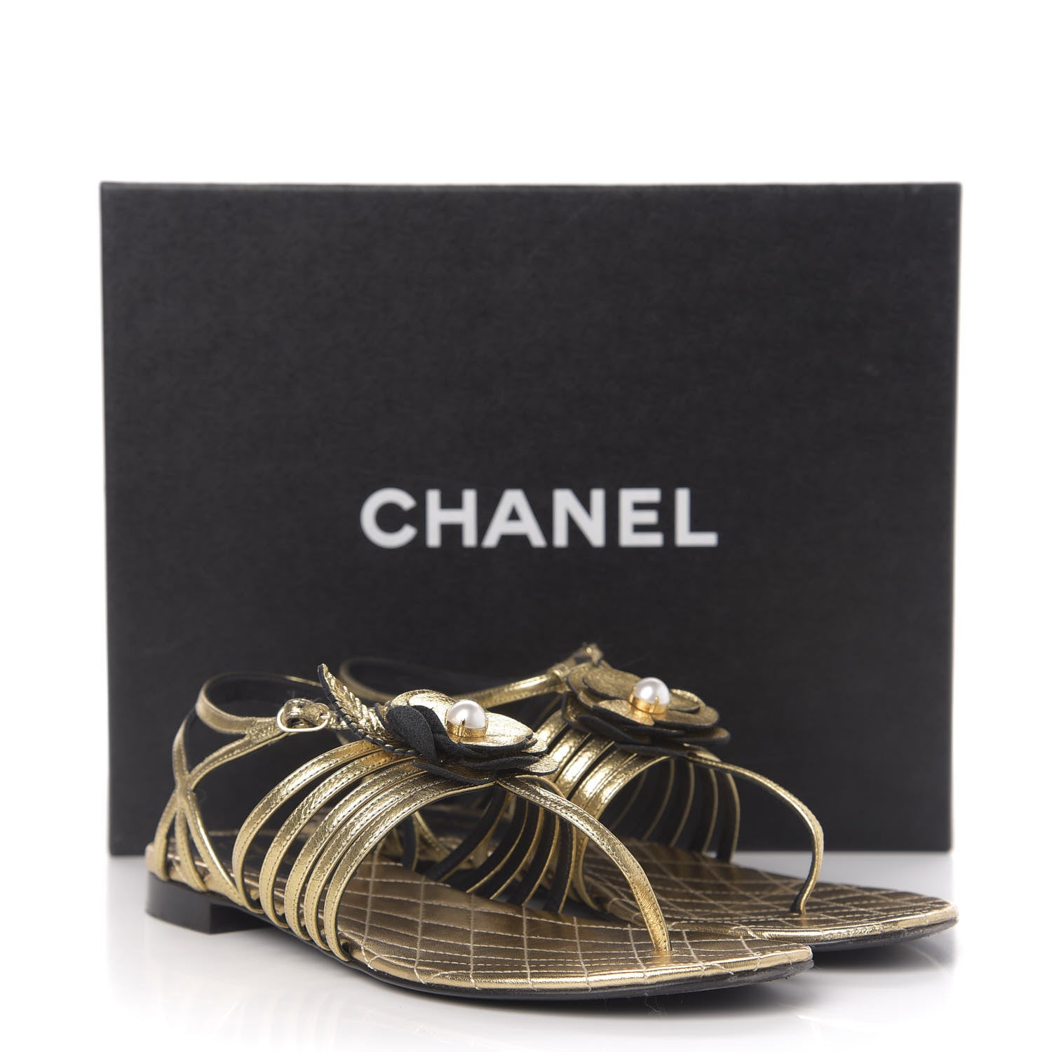 Chanel Crumpled Calfskin Camellia Pearl Thong Sandals 37.5 Gold 10 of 10