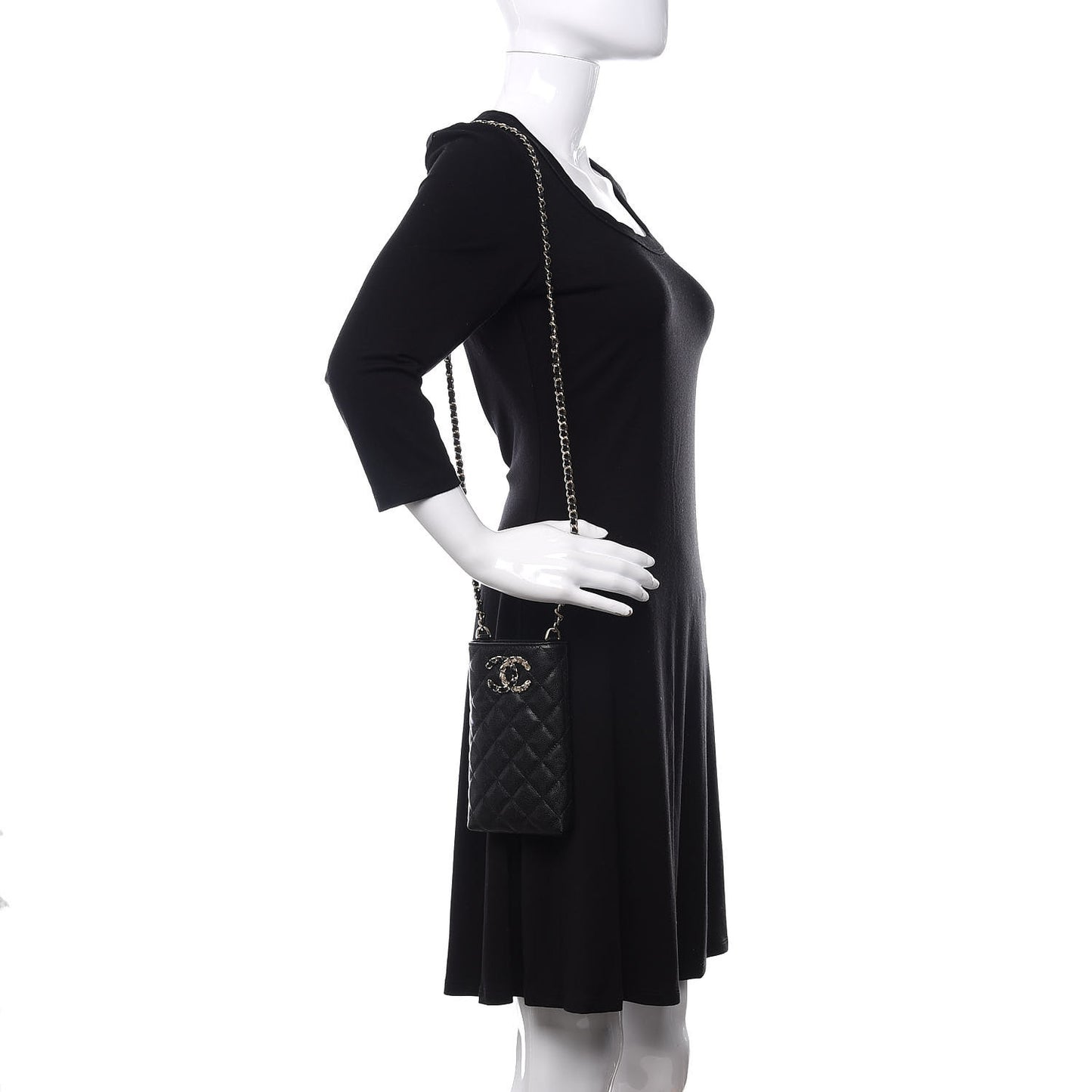 Caviar Quilted French New Wave Phone Holder With Chain Black