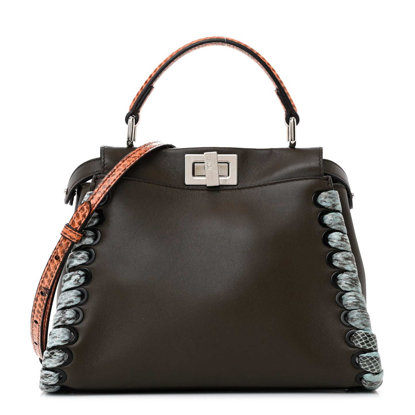 Calfskin Elaphe Lace Up Selleria Mini Peekaboo Iconic Satchel Verde Prato Arancio