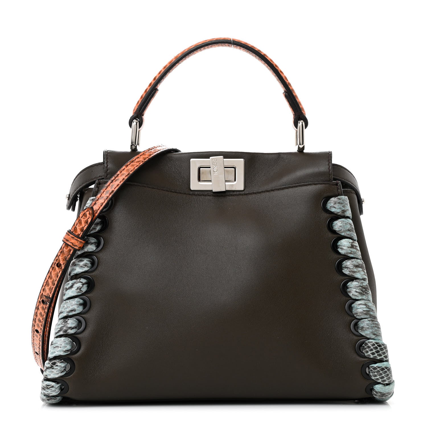 Fendi Calfskin Elaphe Lace Up Selleria Mini Peekaboo Iconic Satchel Verde Prato Arancio 1 of 13