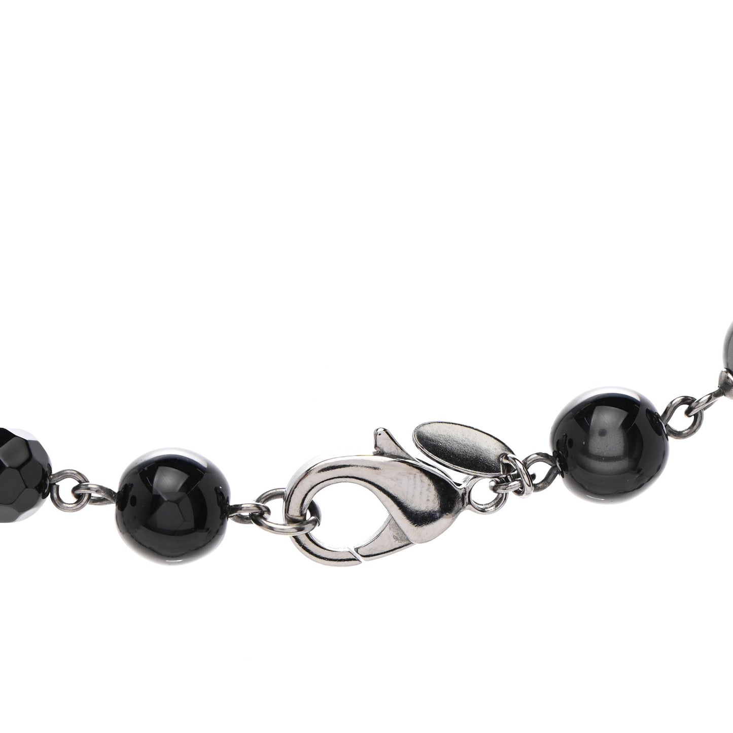 Pearl Bead Enamel CC Long Necklace Silver Black Grey
