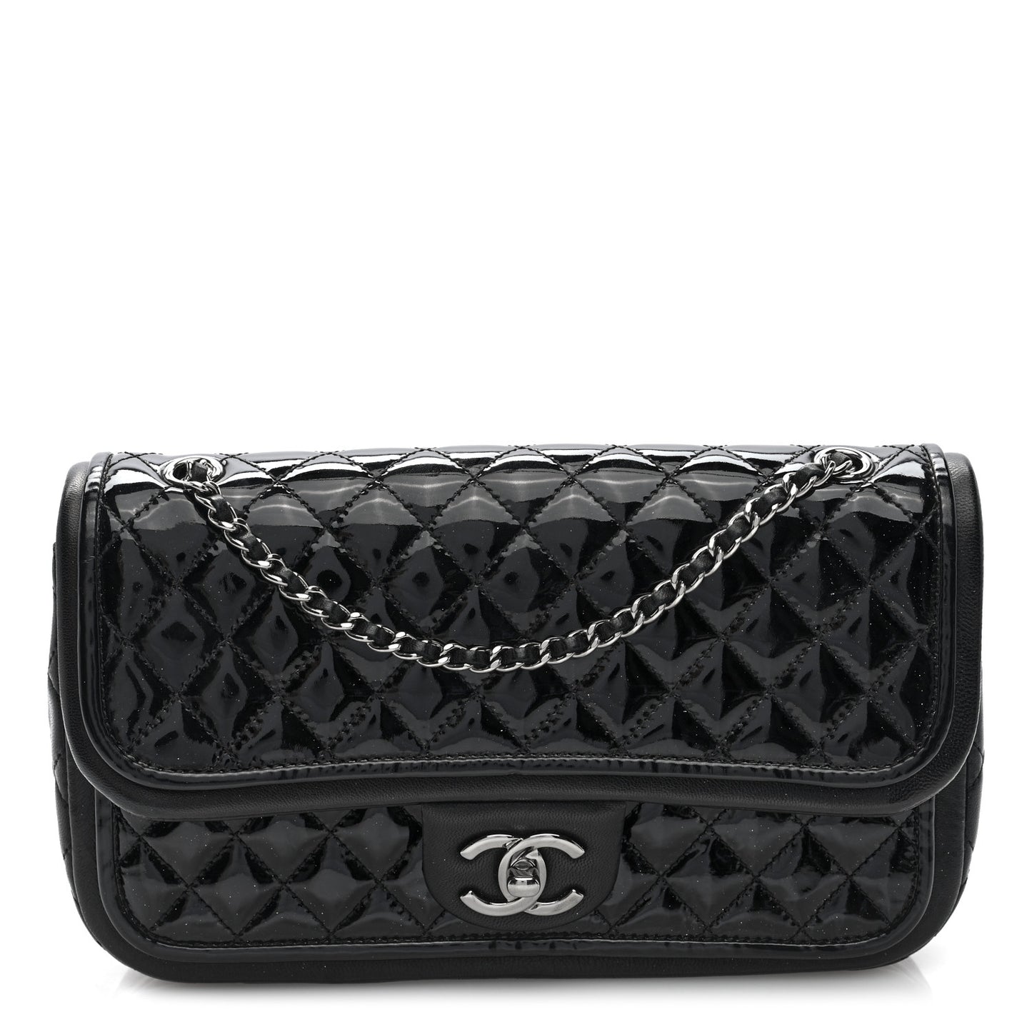 Patent Quilted Classic Twist Flap Bag Black