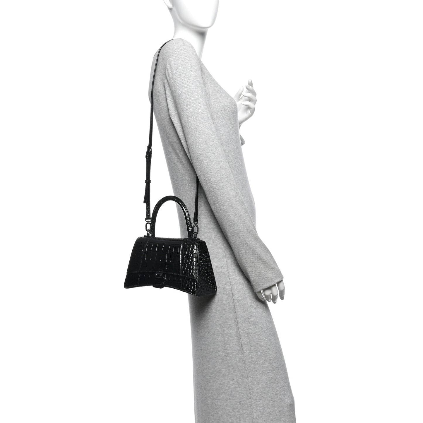 Shiny Calfskin Monochrome Crocodile Embossed Small Hourglass Top Handle Bag Black