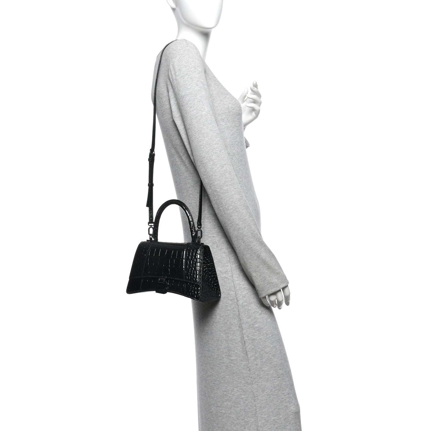 Balenciaga Shiny Calfskin Monochrome Crocodile Embossed Small Hourglass Top Handle Bag Black 2 of 12