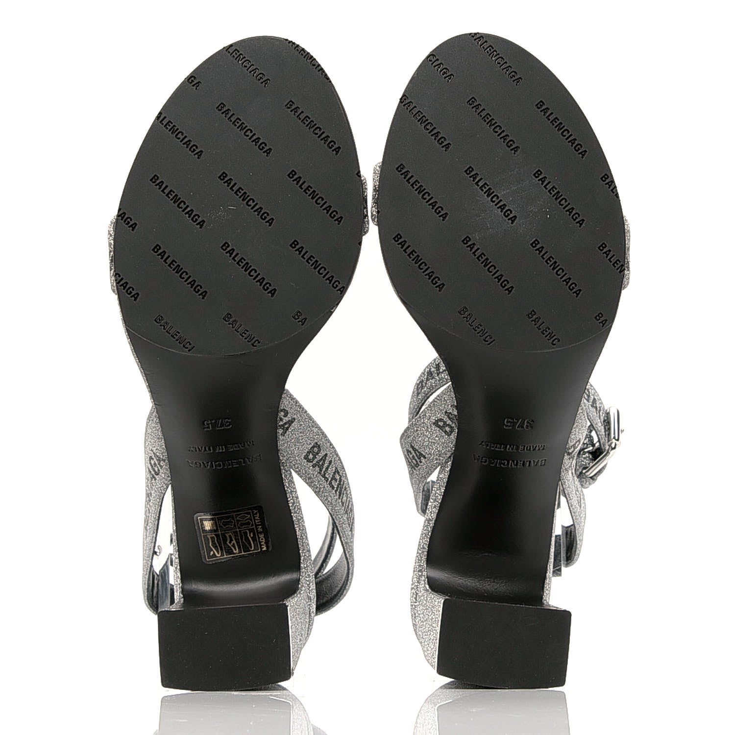 Balenciaga Glitter Allover Logo Ankle Strap Round Heel 80mm Sandals 37.5 Silver Black 5 of 6