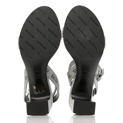 Balenciaga Glitter Allover Logo Ankle Strap Round Heel 80mm Sandals 37.5 Silver Black 5 of 6