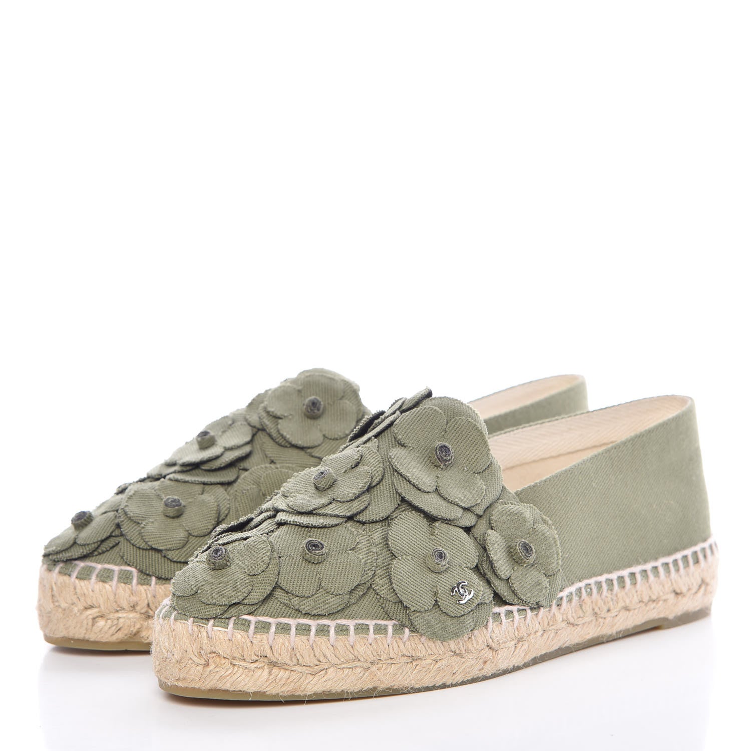 Chanel Fabric Camellia CC Espadrilles 38 Khaki 3 of 10
