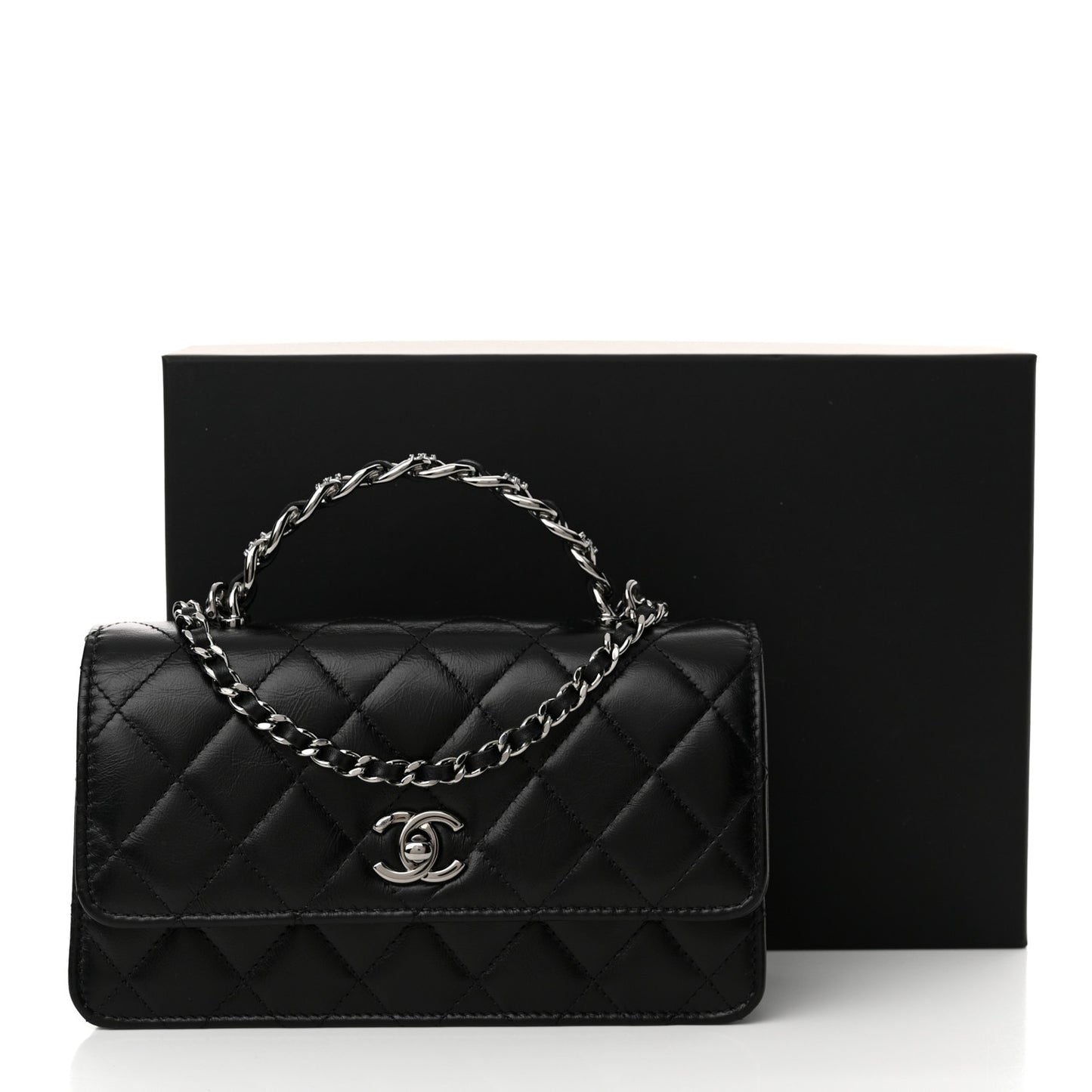 Shiny Crumpled Calfskin Strass Quilted Top Handle Clutch With Chain Black