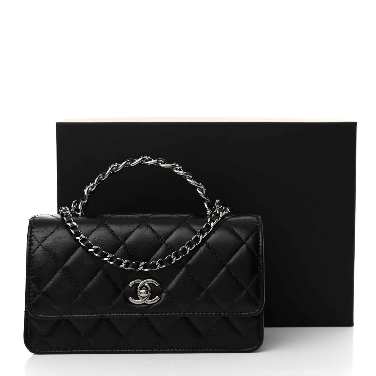 Chanel Shiny Crumpled Calfskin Strass Quilted Top Handle Clutch With Chain Black 12 of 12