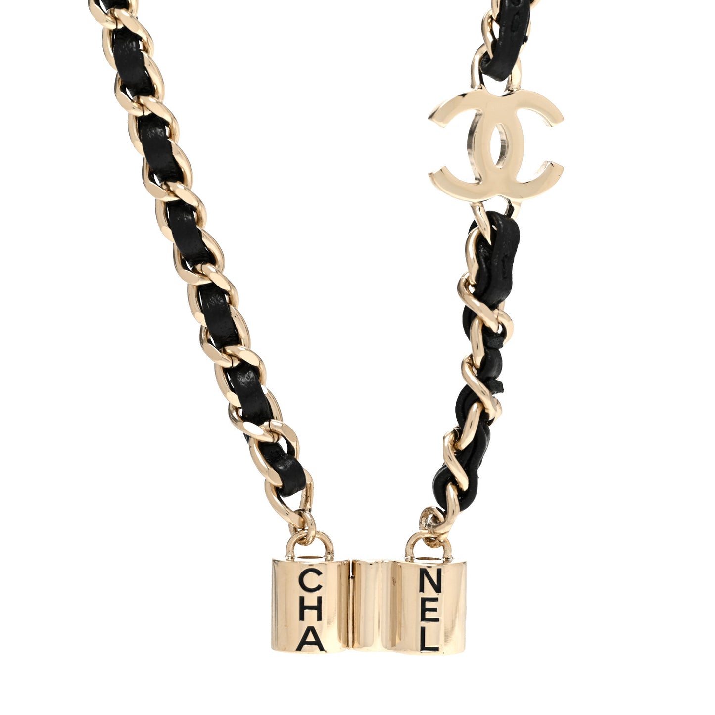 Metal Lambskin CC AirPods Necklace Gold Black