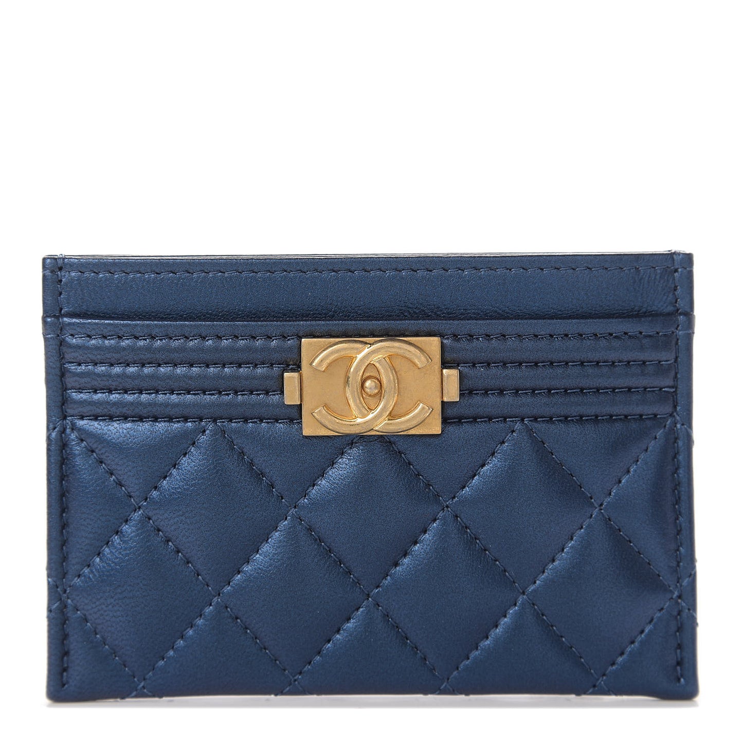 Metallic Lambskin Quilted Boy Card Holder Blue