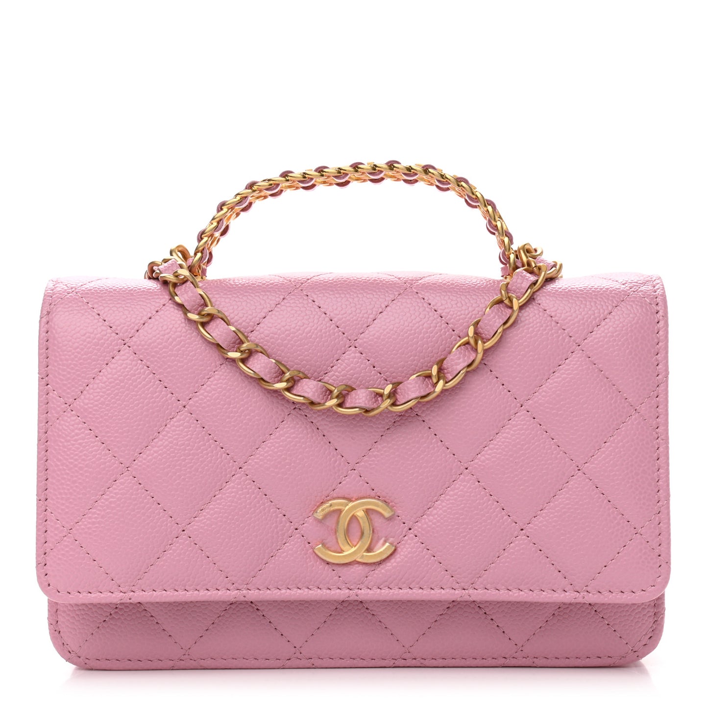 Shiny Caviar Quilted Pick Me Up Wallet On Chain WOC Pink