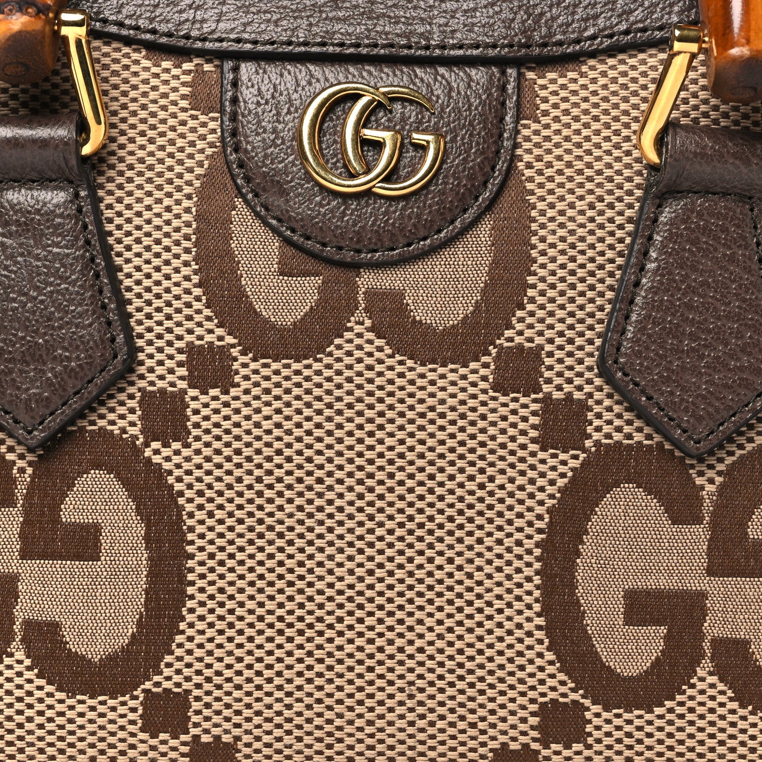 Gucci Monogram Jumbo GG Textured Dollar Calfskin Mini Diana Tote Bag Camel Ebony New Acero 8 of 10