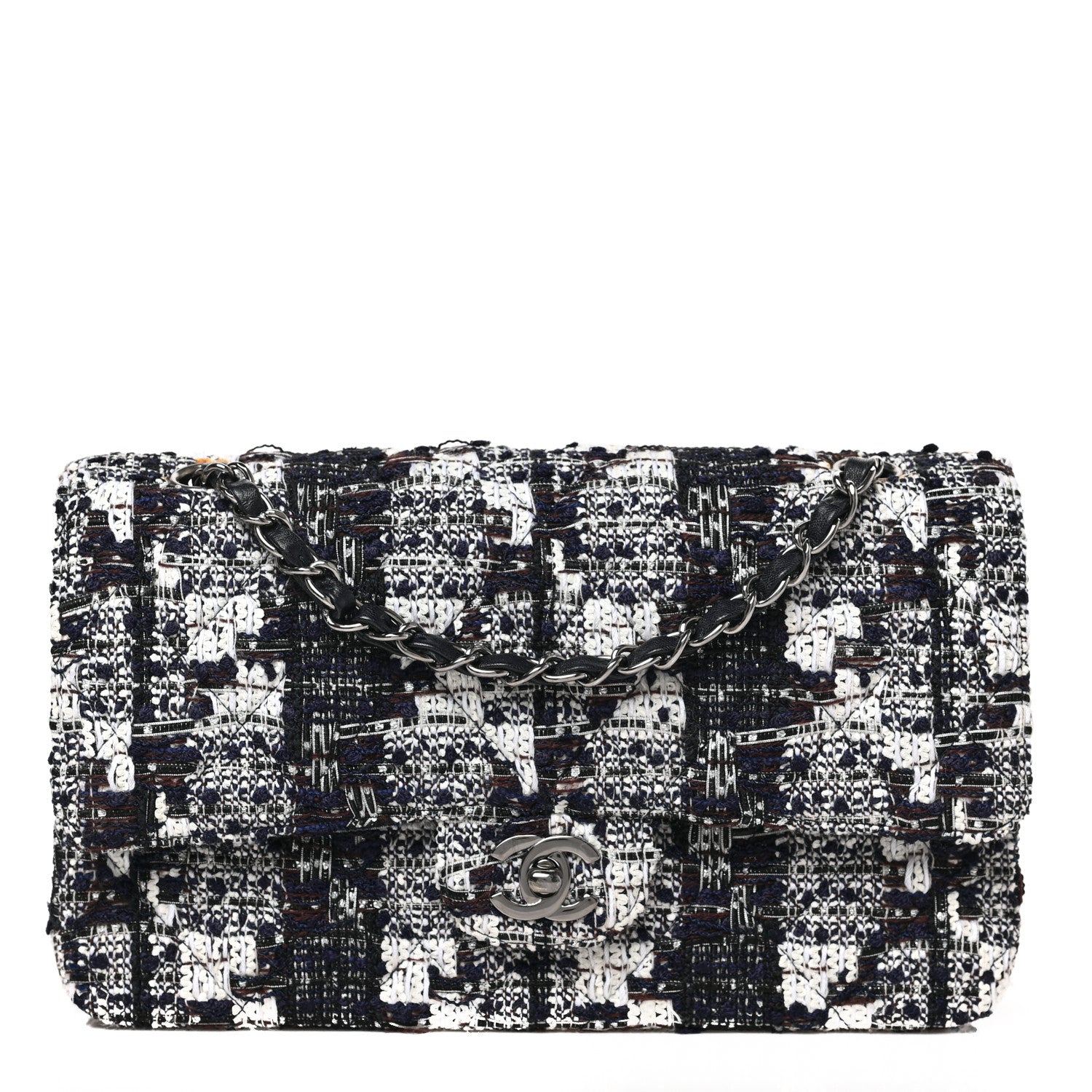 Chanel Tweed Quilted Medium Double Flap Black Ecru White 1 of 9