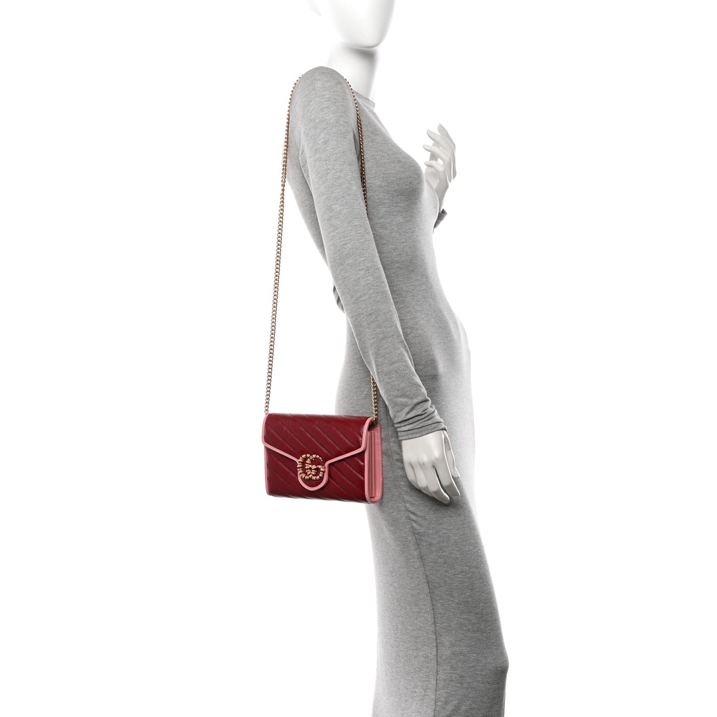 Azalea Calfskin Enamel Matelasse Diagonal Torchon GG Marmont Chain Wallet New Cherry Red Wild Rose