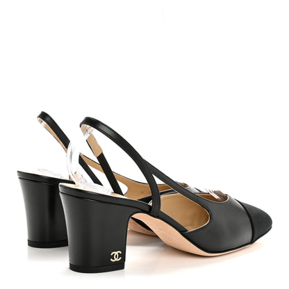 Chanel Goatskin Grosgrain Cap Toe CC Slingback Pumps 38 Black 5 of 10