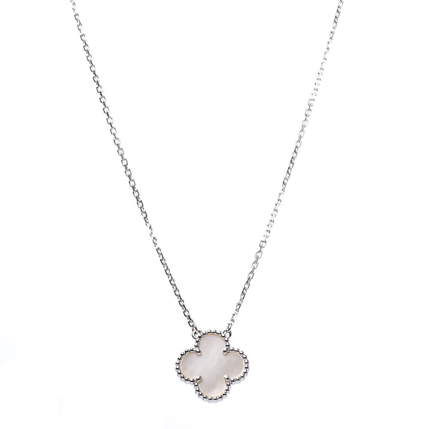 18K White Gold Mother of Pearl Vintage Alhambra Pendant Necklace