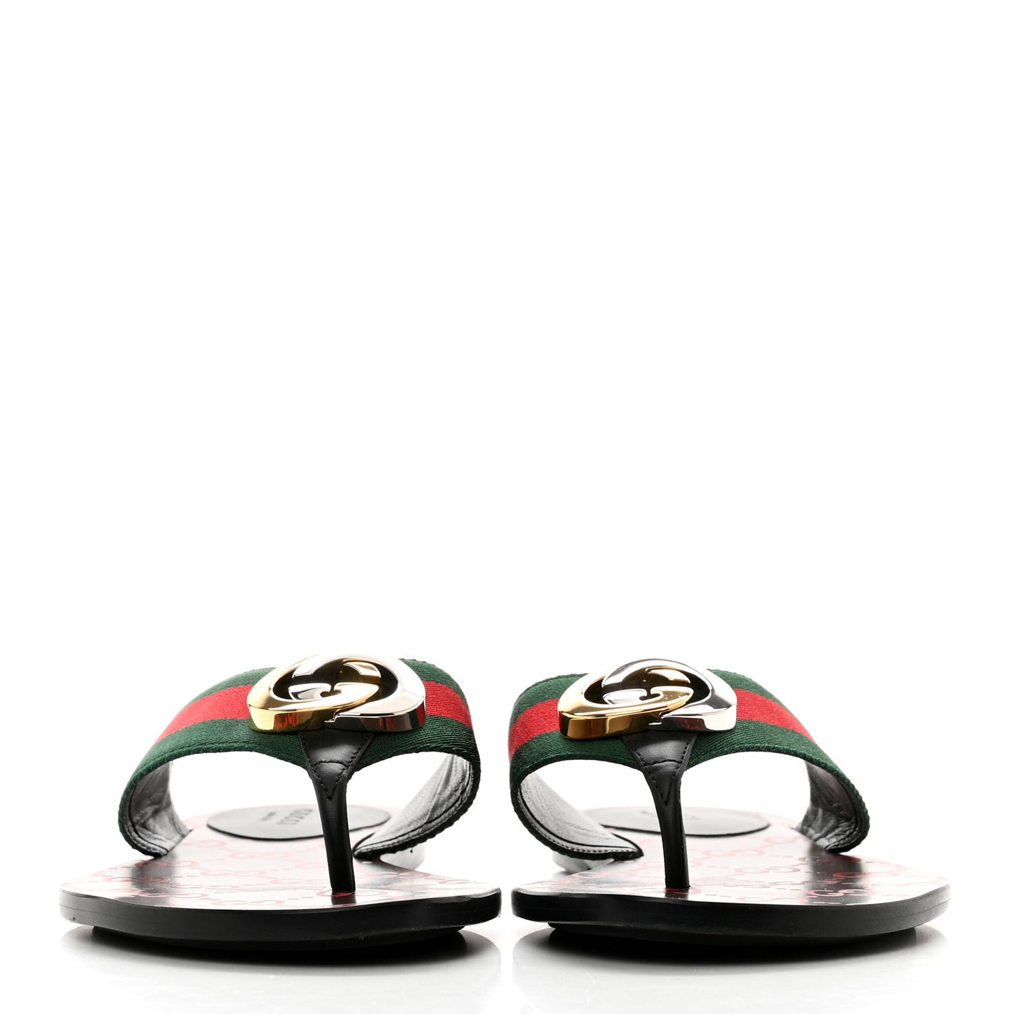 Nylon Calfskin Web GG Monogram Womens Thong Sandals 38 Green Red Cocoa