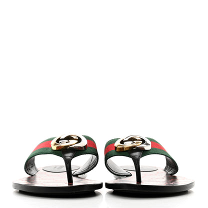 Gucci Nylon Calfskin Web GG Monogram Womens Thong Sandals 38 Green Red Cocoa 2 of 8