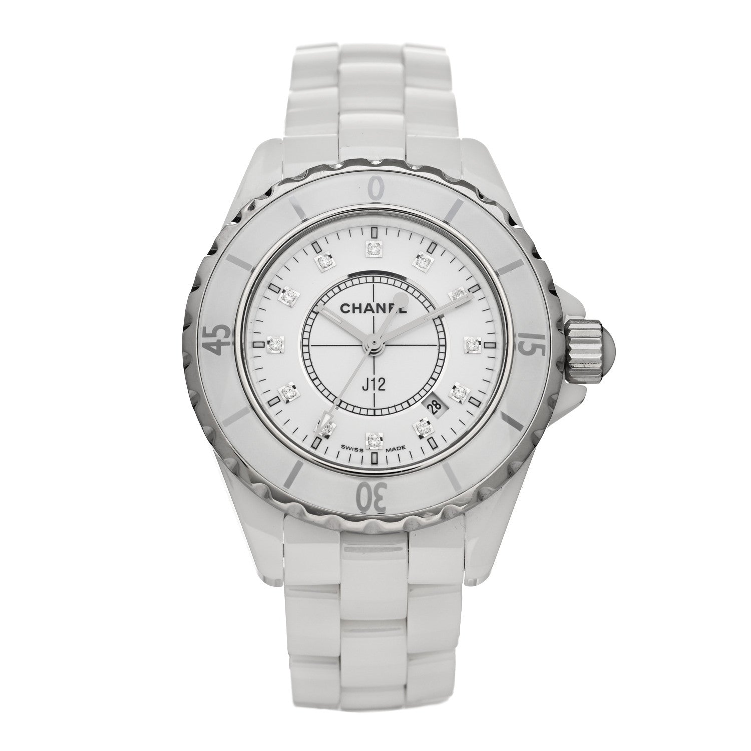 Chanel Stainless Steel Ceramic Diamond 33mm J12 Quartz Watch White 1 of 5