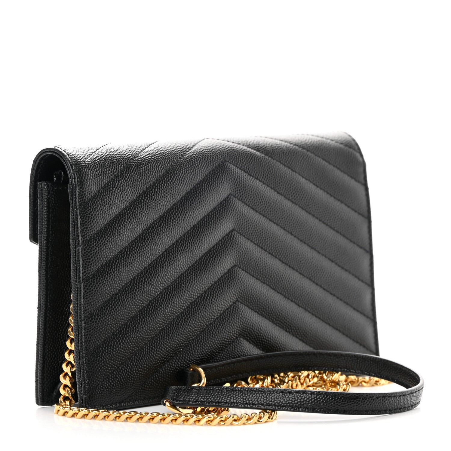 Saint Laurent Grain De Poudre Matelasse Chevron Monogram Envelope Chain Wallet Black 3 of 13