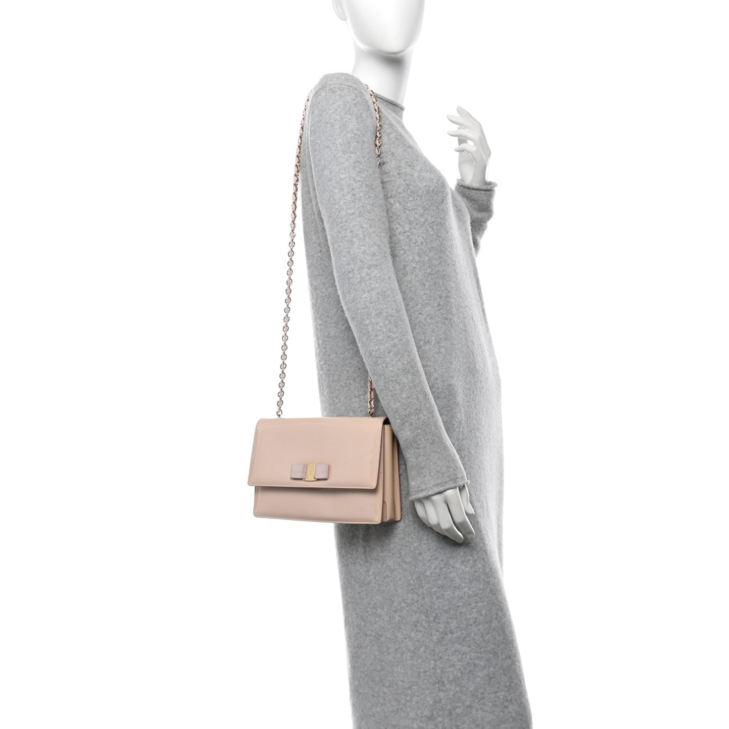 Patent Calfskin Vara Bow Chain Flap Crossbody Beige