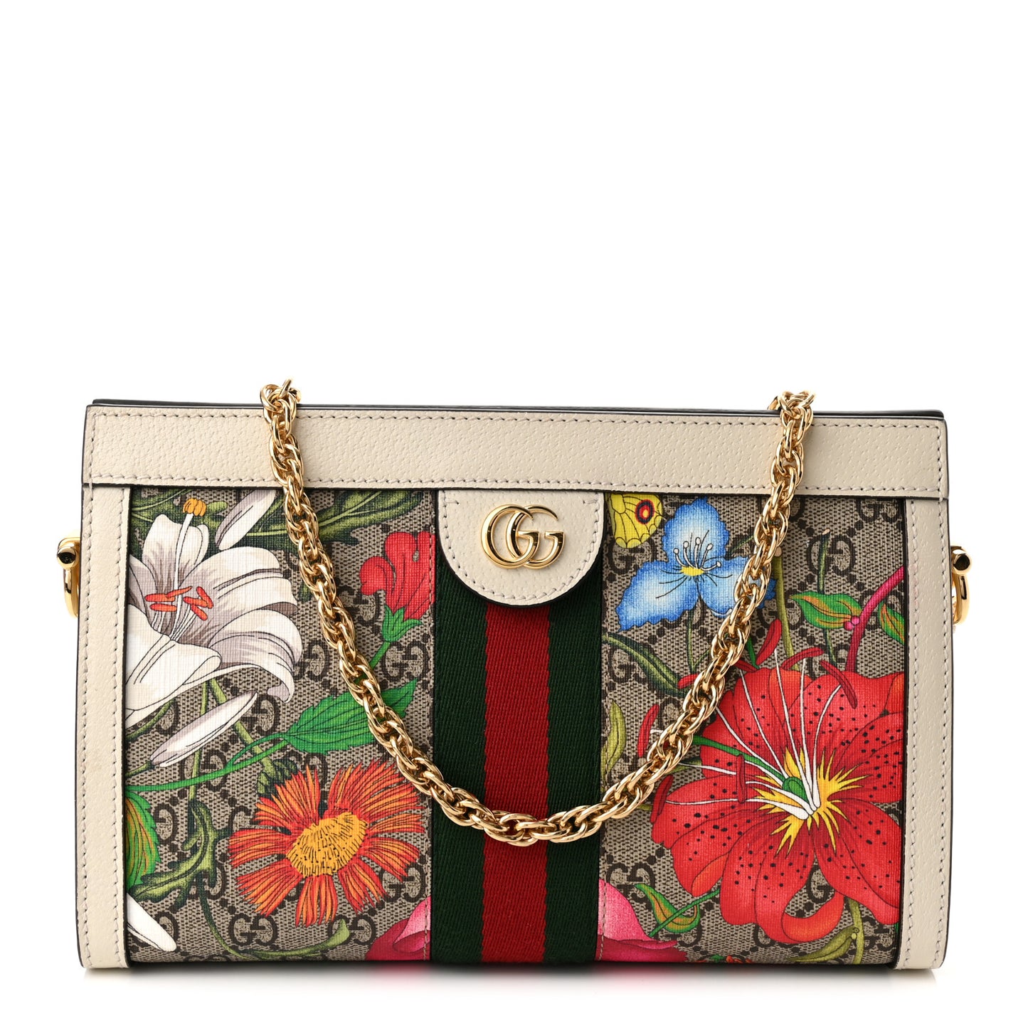 GG Supreme Monogram Flora Web Small Ophidia Chain Shoulder Bag White