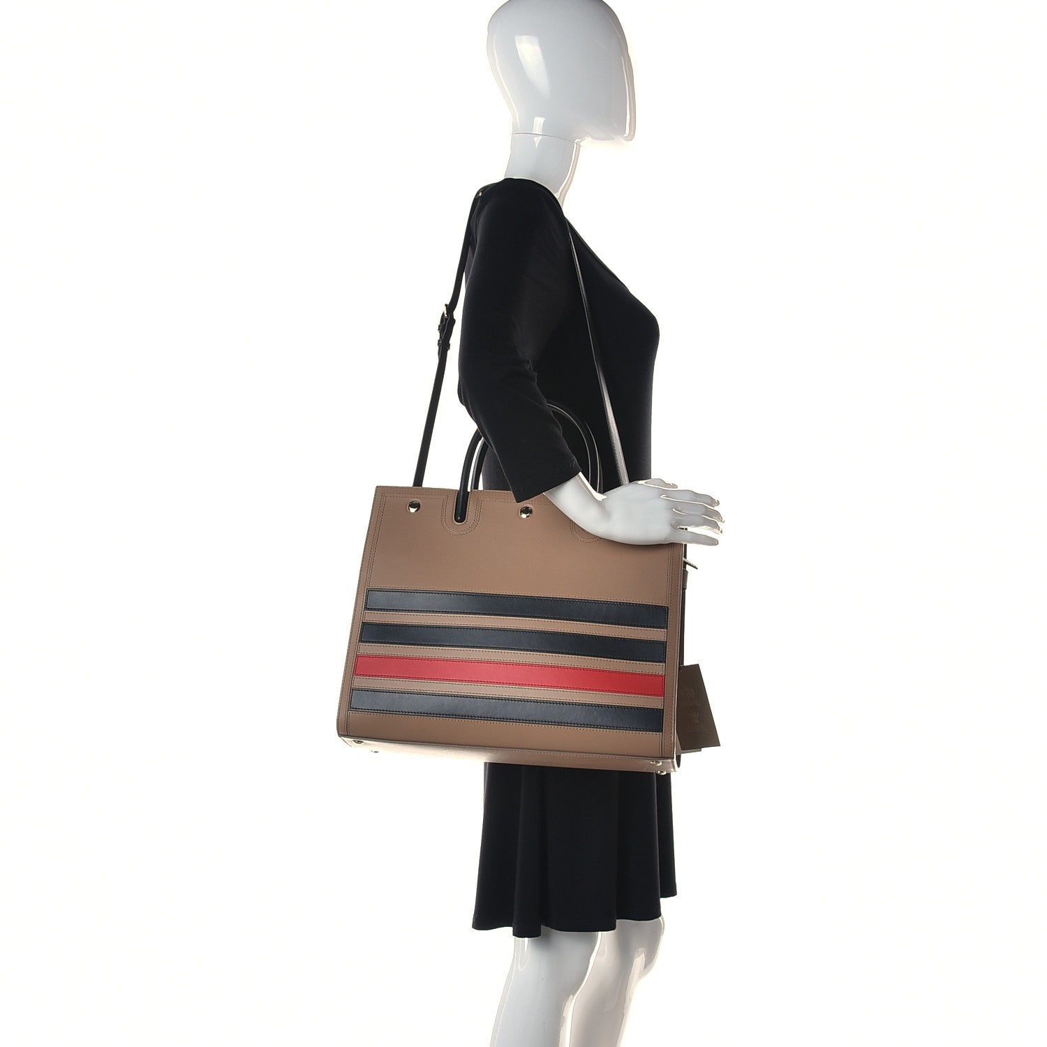 Burberry Smooth Calfskin Stripe Medium Two Handle Title Bag Camel Black Red 2 of 11