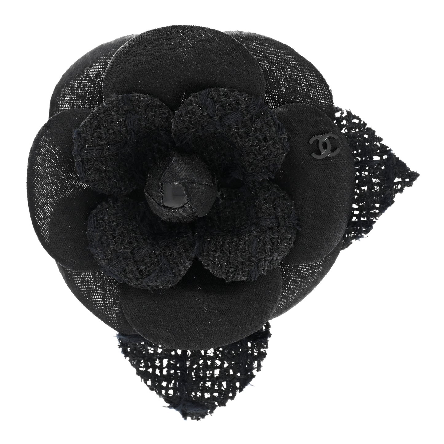 Tweed Fabric Camellia Pin Brooch Black