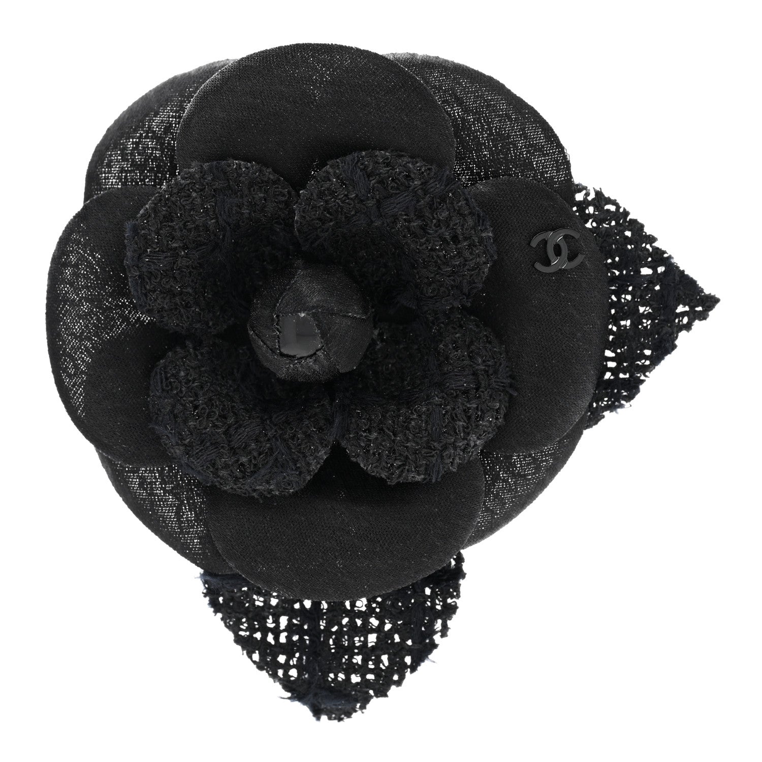 Chanel Tweed Fabric Camellia Pin Brooch Black 1 of 3