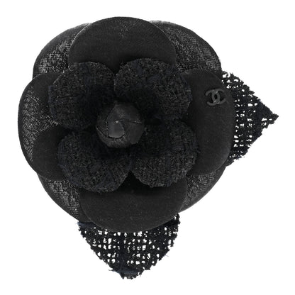 Chanel Tweed Fabric Camellia Pin Brooch Black 1 of 3