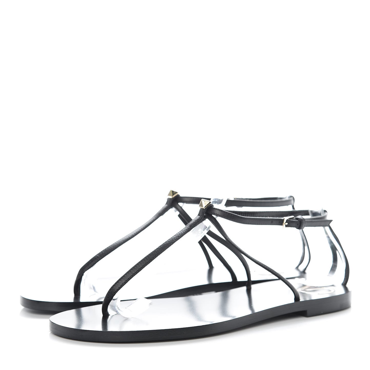 Calfskin Nude Rockstud T Strap Flat Thong Sandals 36 Black