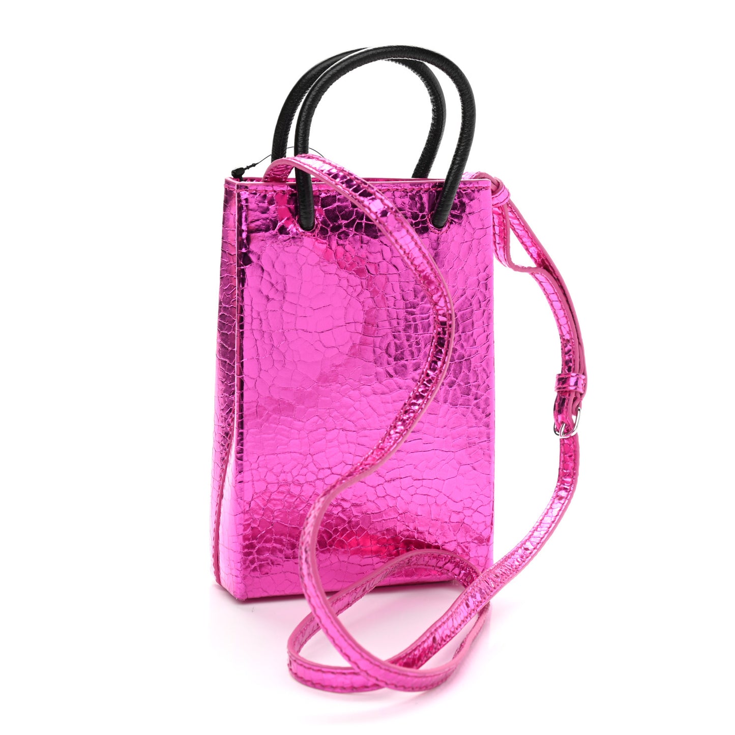 Metallic Calfskin Logo Shopping Phone Holder Bag Acid Fuchsia