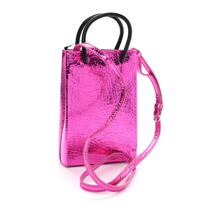 Balenciaga Metallic Calfskin Logo Shopping Phone Holder Bag Acid Fuchsia 3 of 10