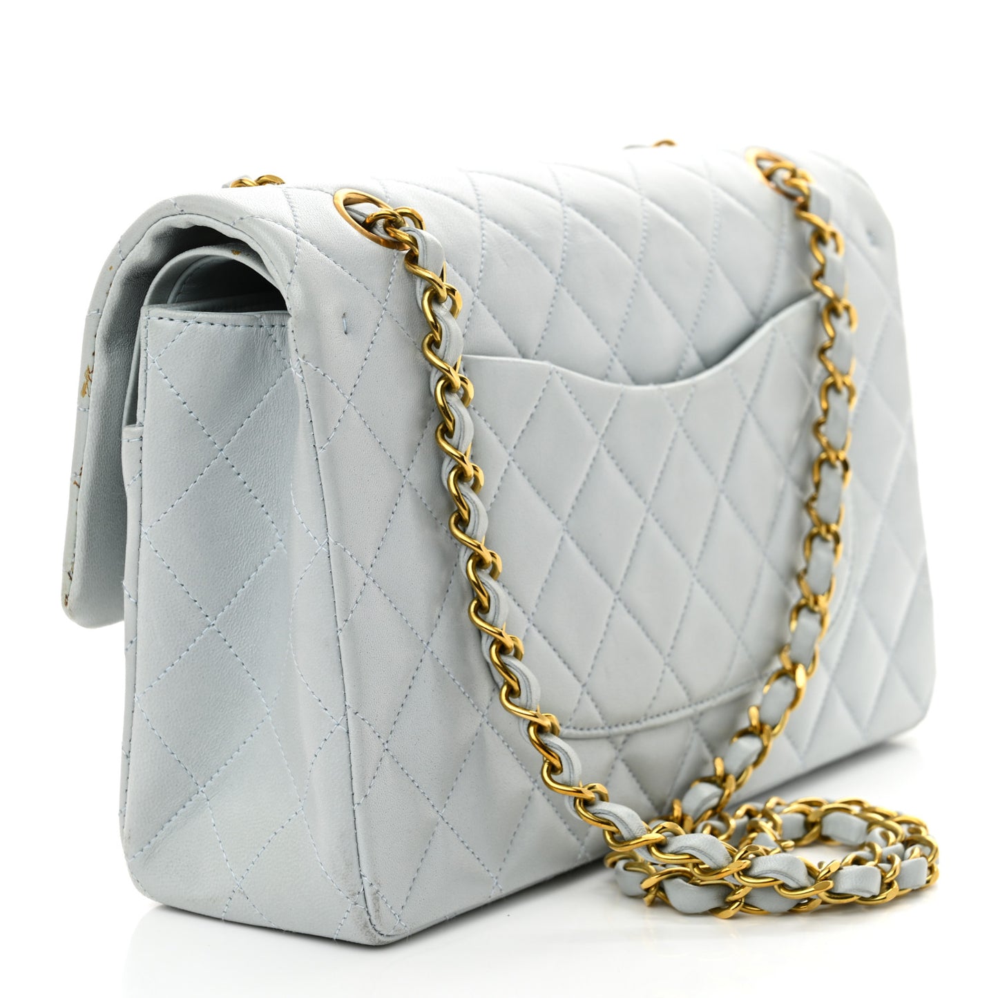 Lambskin Quilted Medium Double Flap Light Blue