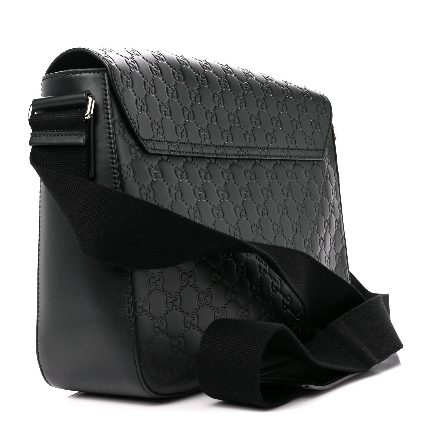 Gucci Guccissima Signature Medium Double Buckle Flap Messenger Bag Black 3 of 11