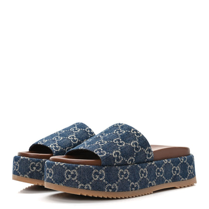 Gucci New Denim GG Monogram Angelina Platform 55mm Slide Sandals 37.5 Blue Tea 3 of 8