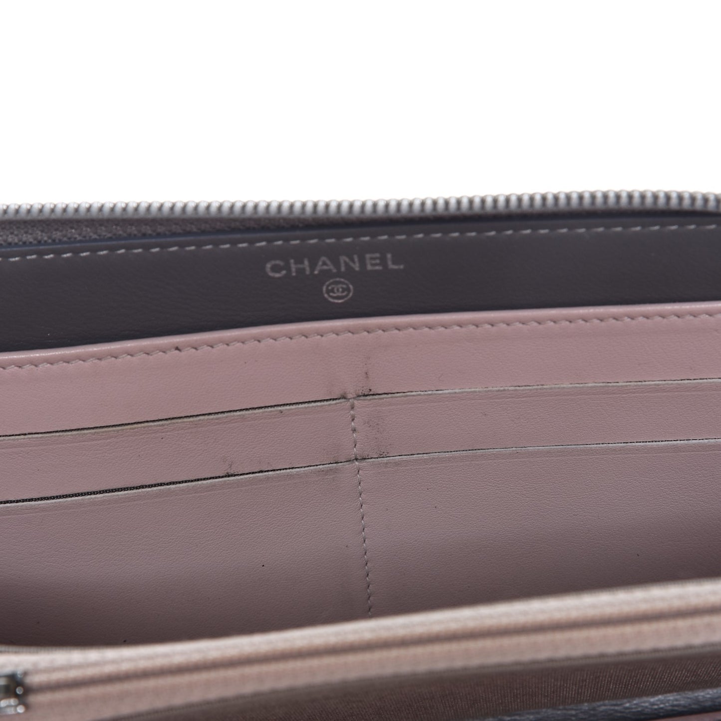 Calfskin Stitched Large Zip Around Wallet Silver